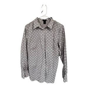 Ann Taylor Gray and White Polka Dot Shirt